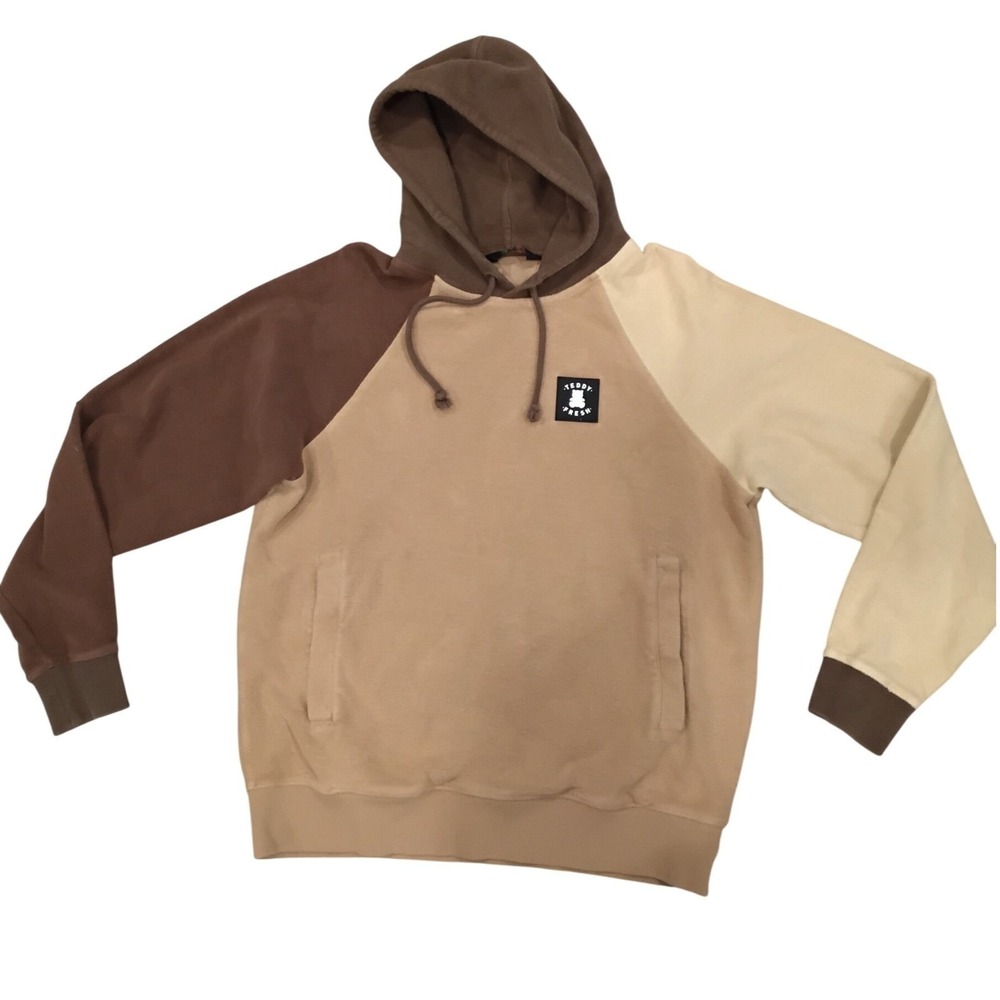 Teddy Fresh Color Block Raglan Hoodie‎ Teddy Bear Logo Tan Brown Cream Size S